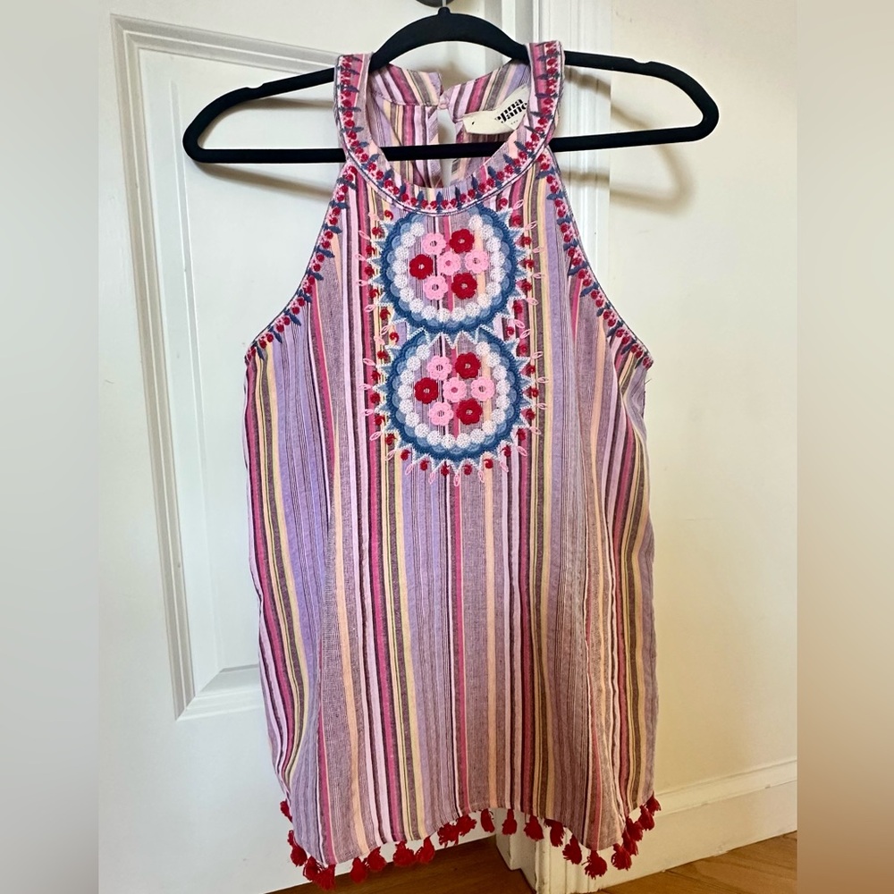 Colorful Striped Sleeveless Top with Embroidery